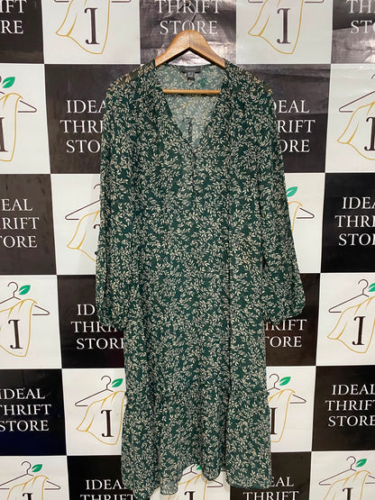 PRIMARK |L| BUST 21| A27| FOREST GREEN & CREAM LEAF PRINT V-NECK LONG-SLEEVE MIDI DRESS