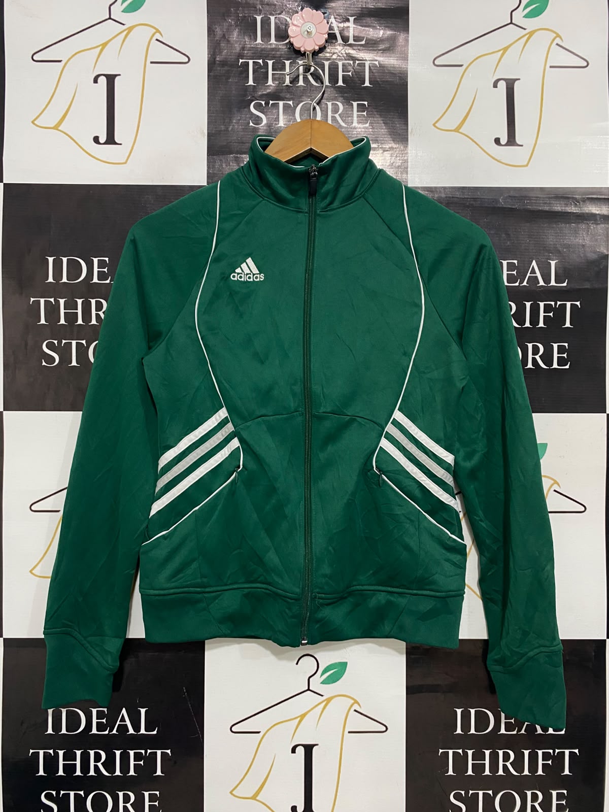 ADIDAS |S| BUST 17| A27| FOREST GREEN & WHITE PIPED ATHLETIC ZIP-UP TRACK JACKET
