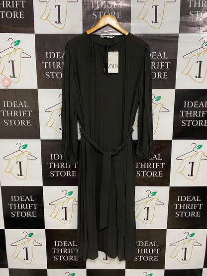 ZARA |S| BUST 20| A27| ELEGANT BLACK TIE-WAIST LONG-SLEEVE MIDI DRESS