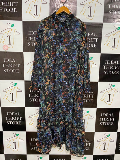 SHEIN |XL| BUST 24| A27| BLACK & MULTICOLOR PAISLEY FLORAL COLLARED MIDI SHIRT DRESS