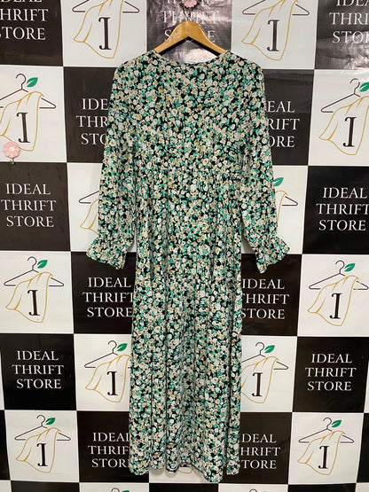 SHEIN |L| BUST 18| A27| BLACK & MINT GREEN FLORAL LONG-SLEEVE TIERED MIDI DRESS