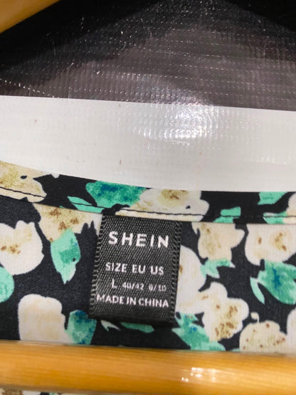 SHEIN |L| BUST 18| A27| BLACK & MINT GREEN FLORAL LONG-SLEEVE TIERED MIDI DRESS