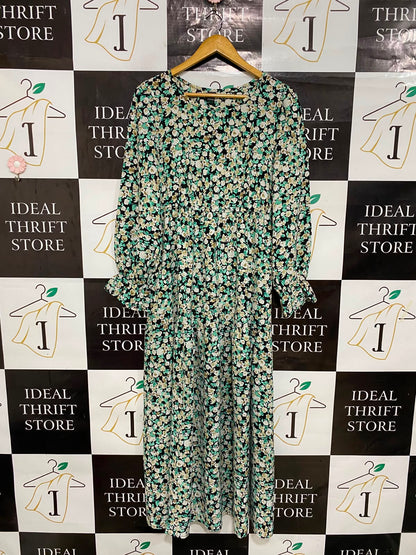 SHEIN |L| BUST 18| A27| BLACK & MINT GREEN FLORAL LONG-SLEEVE TIERED MIDI DRESS