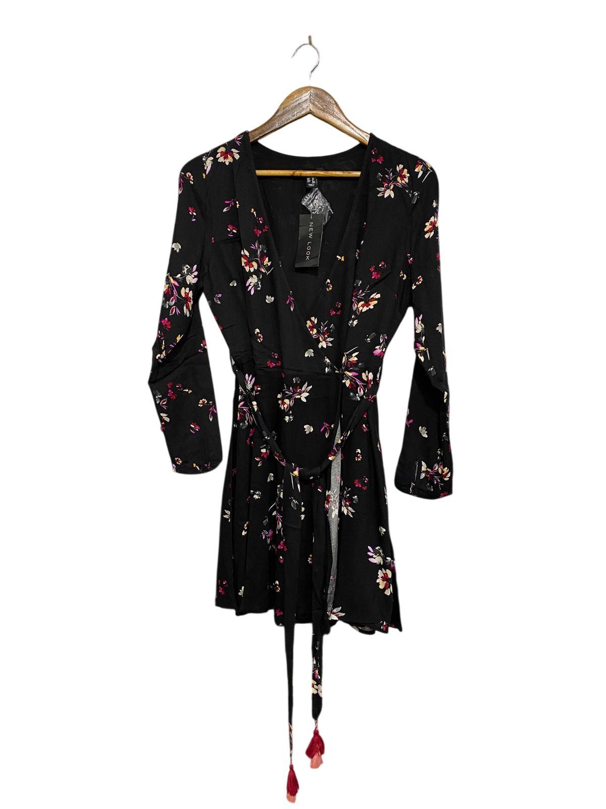 NEW LOOK |S| BUST 16| A28| BLACK & PINK FLORAL WRAP MINI DRESS