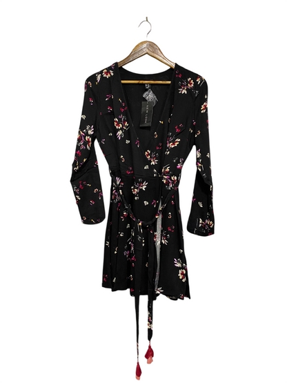 NEW LOOK |S| BUST 16| A28| BLACK & PINK FLORAL WRAP MINI DRESS