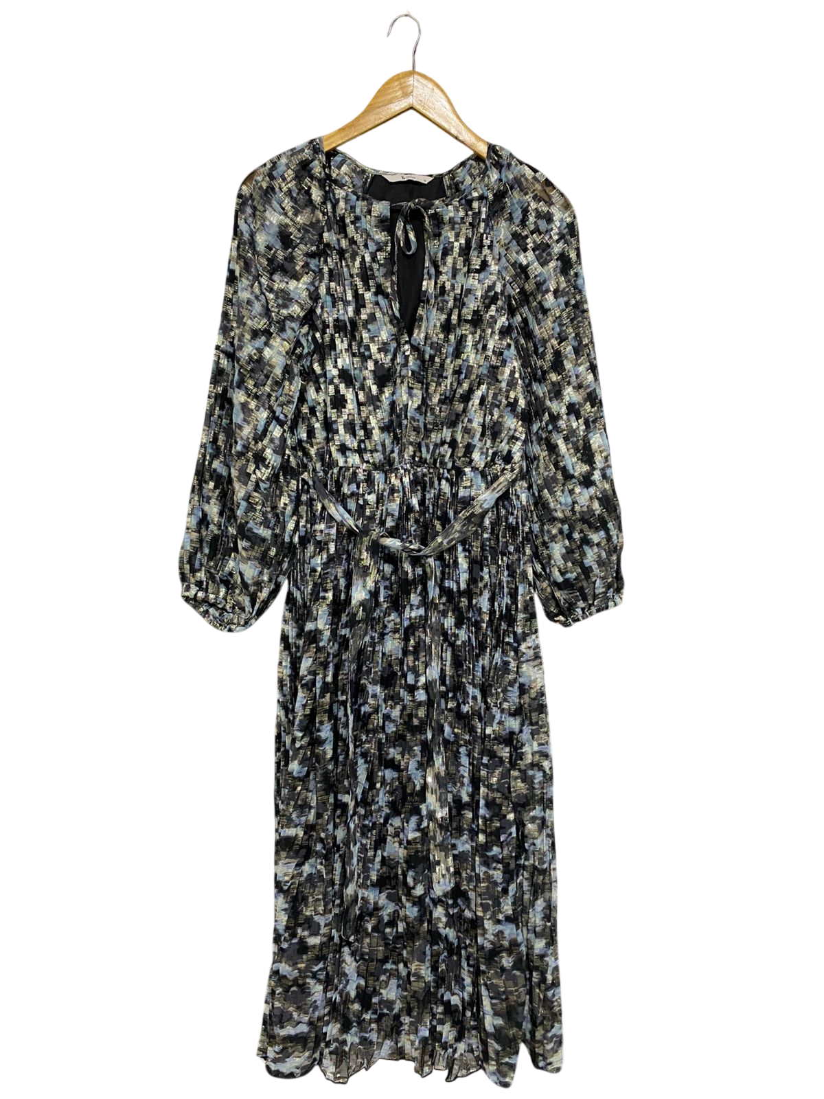 TU WOMAN |L| BUST 17| A28| METALLIC BLUE & GOLD FOIL ABSTRACT PRINT PLEATED MIDI DRESS