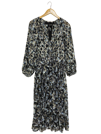 TU WOMAN |L| BUST 17| A28| METALLIC BLUE & GOLD FOIL ABSTRACT PRINT PLEATED MIDI DRESS