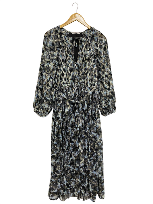 TU WOMAN |L| BUST 17| A28| METALLIC BLUE & GOLD FOIL ABSTRACT PRINT PLEATED MIDI DRESS