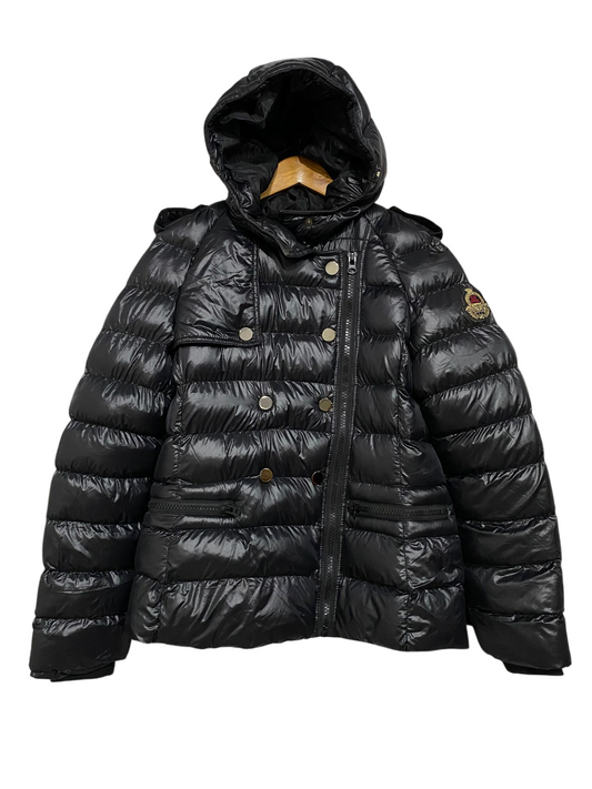 ZELLES |XL| BUST 20| B22| GLOSSY BLACK ASYMMETRIC PUFFER JACKET WITH HOOD & CREST BADGE