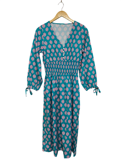 SHEIN |M| BUST 16| A28| TEAL & PINK GEOMETRIC MEDALLION PRINT SMOCKED MIDI DRESS