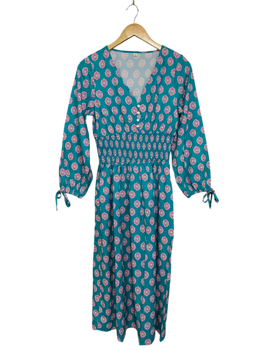 SHEIN |M| BUST 16| A28| TEAL & PINK GEOMETRIC MEDALLION PRINT SMOCKED MIDI DRESS