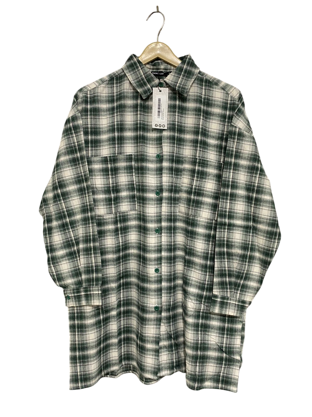 BOOHOO |S| BUST 23| A28| GREEN & WHITE PLAID OVERSIZED BUTTON-DOWN SHIRT / TUNIC