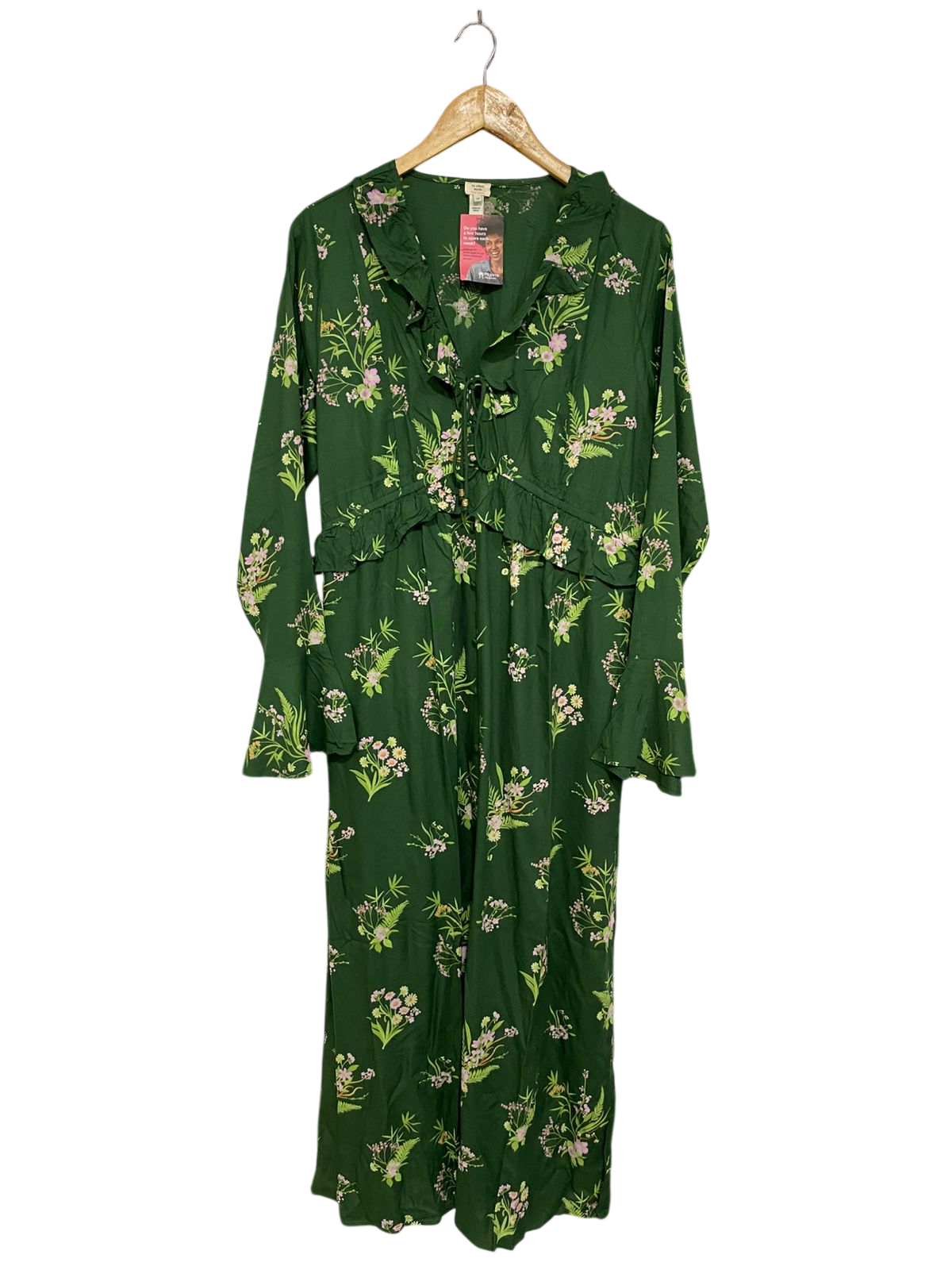 RIVER ISALND |L| BUST 19| A28| FOREST GREEN & PINK FLORAL RUFFLE-TRIM LONG-SLEEVE MAXI DRESS
