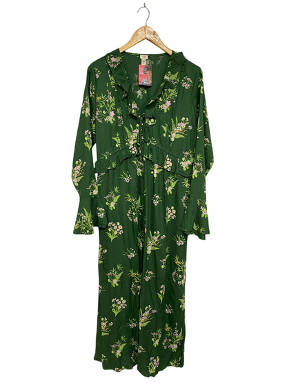 RIVER ISALND |L| BUST 19| A28| FOREST GREEN & PINK FLORAL RUFFLE-TRIM LONG-SLEEVE MAXI DRESS