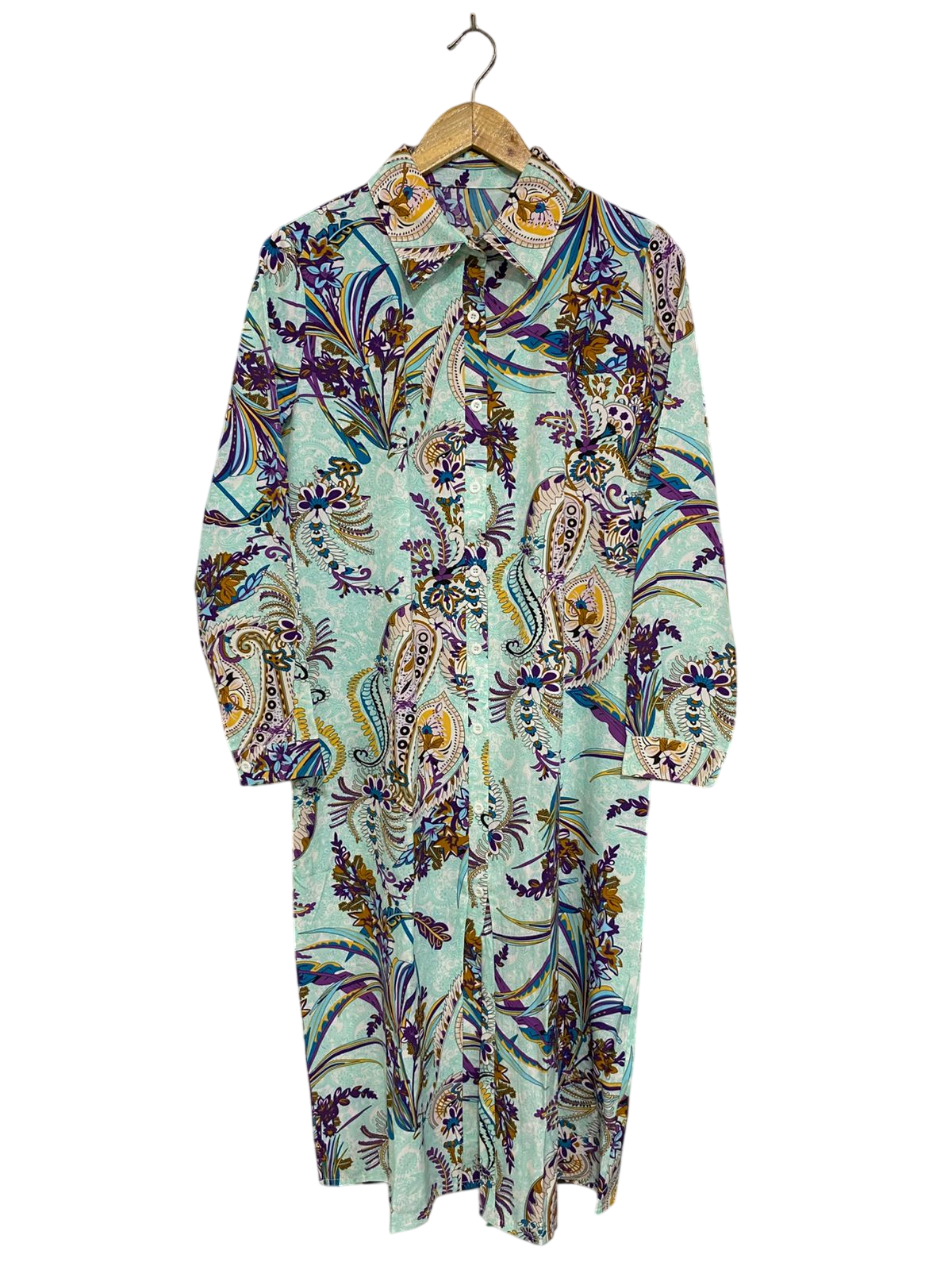 SHEIN |M| BUST 20| A28| MINT GREEN & PURPLE PAISLEY PRINT BUTTON-DOWN SHIRT DRESS