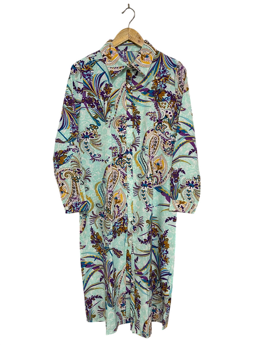 SHEIN |M| BUST 20| A28| MINT GREEN & PURPLE PAISLEY PRINT BUTTON-DOWN SHIRT DRESS