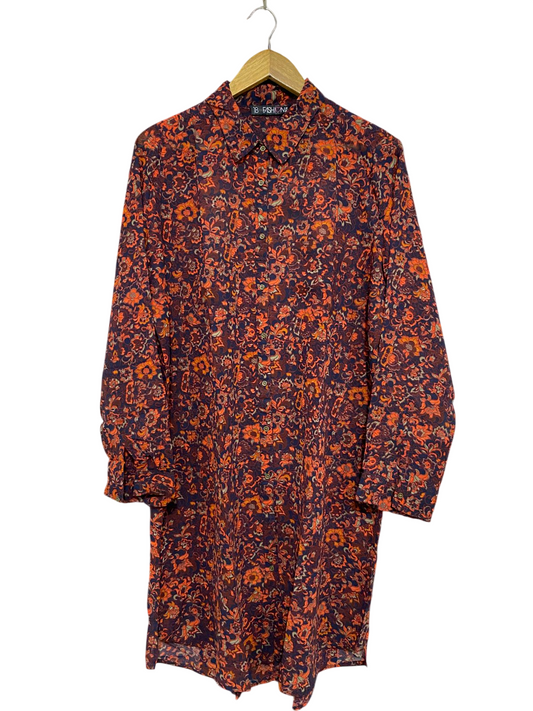 FASHION BOX |XL| BUST 23| A28| ORANGE & NAVY BLUE FLORAL PAISLEY PRINT BUTTON-DOWN SHIRT DRESS