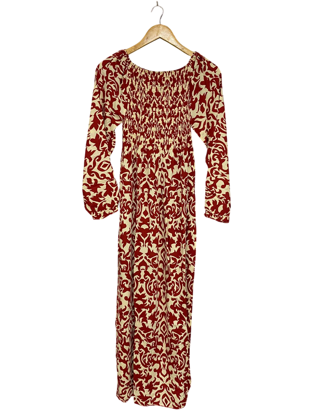 FASHION |M/L| BUST 12| A28| RED & BEIGE DAMASK PRINT SMOCKED LONG-SLEEVE MAXI DRESS