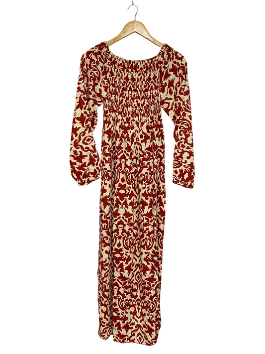 FASHION |M/L| BUST 12| A28| RED & BEIGE DAMASK PRINT SMOCKED LONG-SLEEVE MAXI DRESS