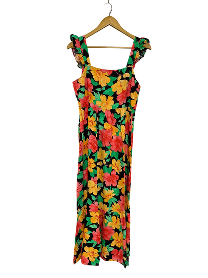 NEW LOOK |S| BUST 17| A28| BLACK TROPICAL FLORAL RUFFLE-STRAP MIDI / MAXI DRESS