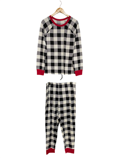 HOLIDAY TIME |L| A28| BLACK & WHITE BUFFALO CHECK PAJAMA SET WITH RED TRIM