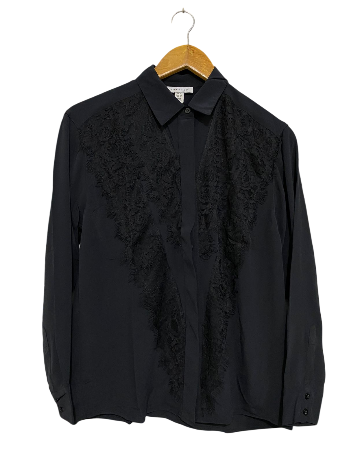 TOP SHOP |S| BUST 18| A28| BLACK LACE-INSET COLLARED BUTTON-DOWN BLOUSE