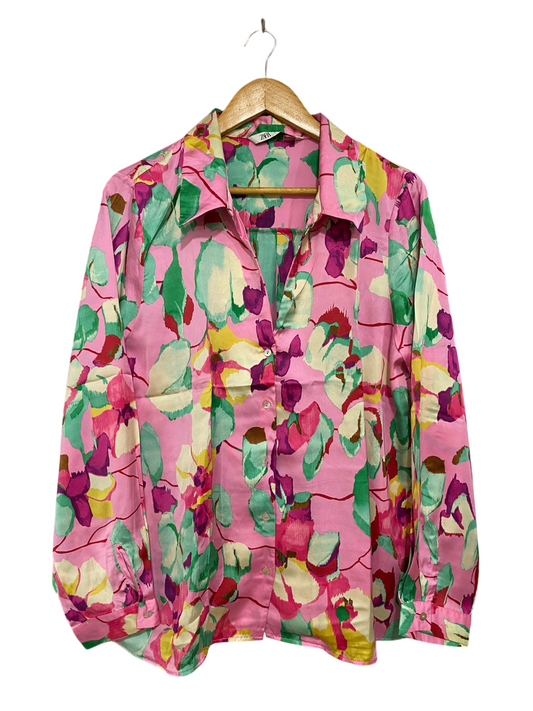 ZARA |XL| BUST 21| A28| PINK & GREEN ABSTRACT FLORAL PRINT BUTTON-DOWN SHIRT