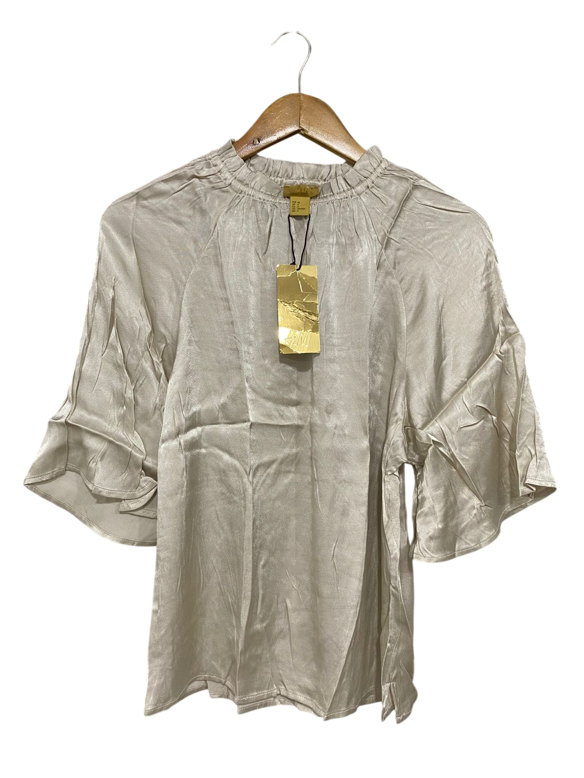 H&M |XS| BUST 18| A28| CHAMPAGNE SATIN GATHERED-NECK FLARED-SLEEVE BLOUSE