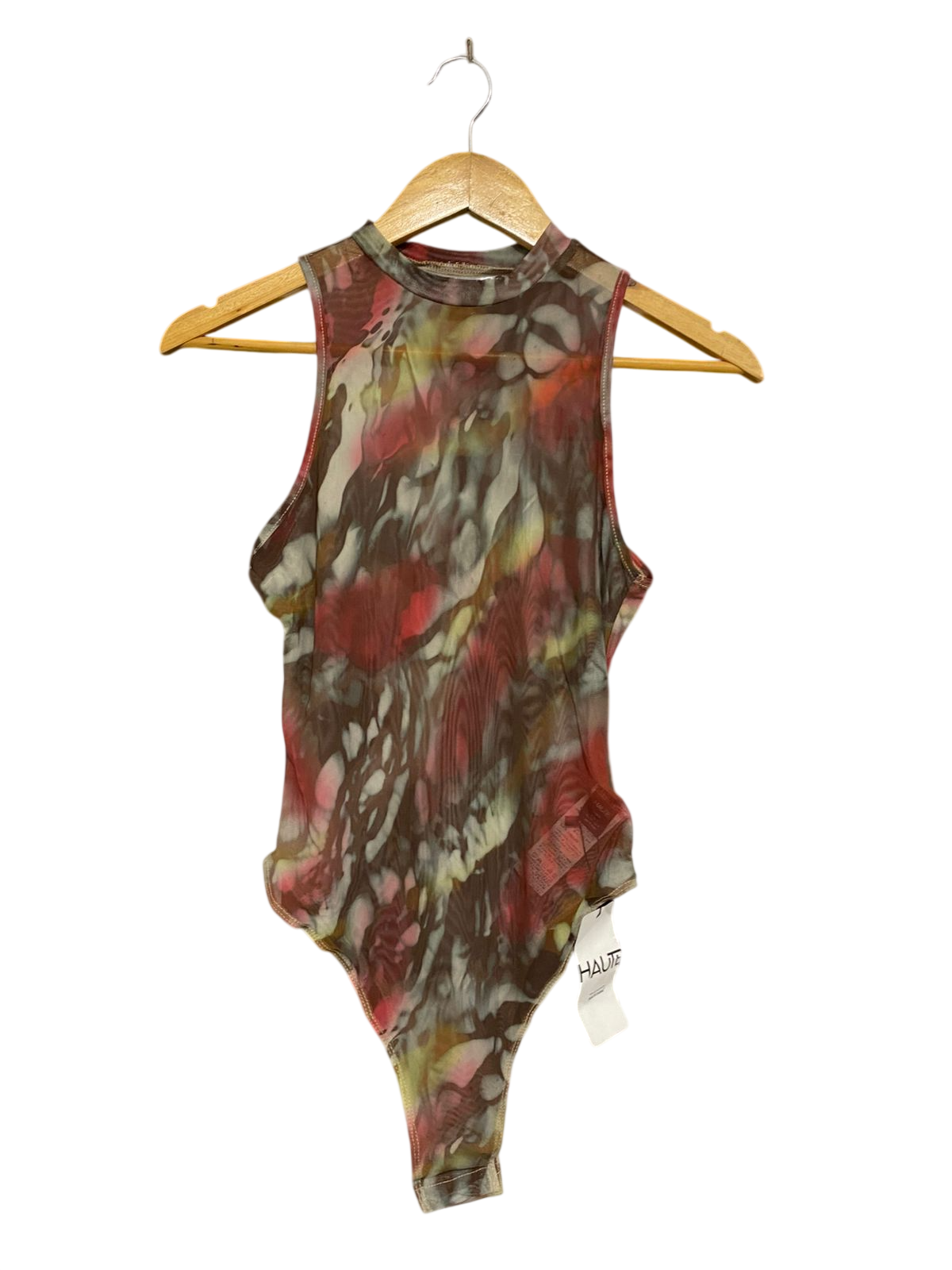 HAUTE |S| BUST 14| A28| ABSTRACT PRINT MESH MOCK-NECK SLEEVELESS BODYSUIT