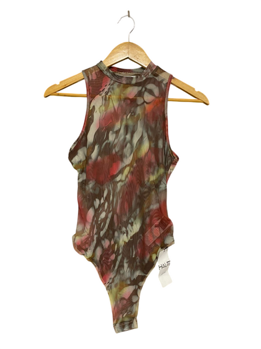 HAUTE |S| BUST 14| A28| ABSTRACT PRINT MESH MOCK-NECK SLEEVELESS BODYSUIT
