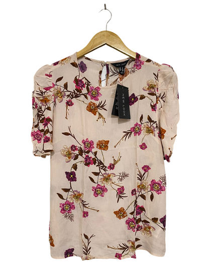 NEW LOOK |S| BUST 17| A28| BLUSH PINK FLORAL PRINT PUFF-SLEEVE BEADED BLOUSE