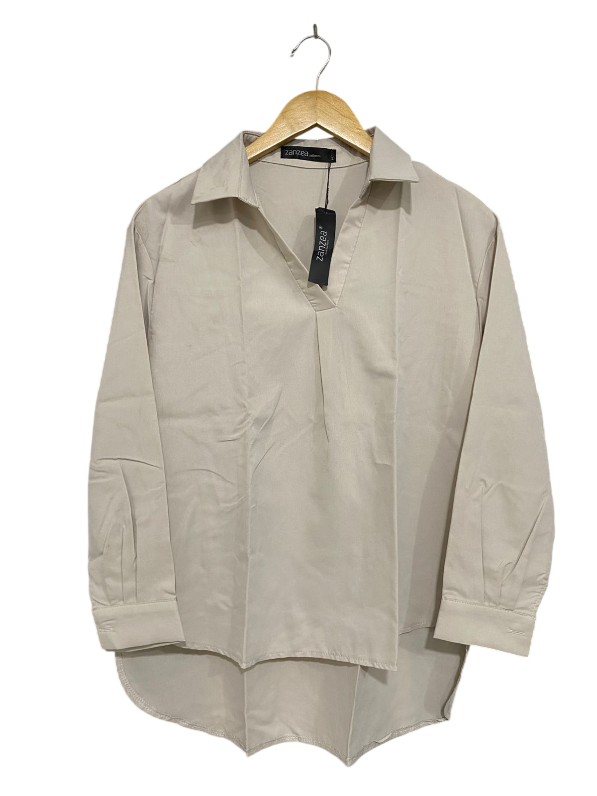 ZANZEA |S| BUST 20| A28| NEUTRAL BEIGE V-NECK COLLARED HIGH-LOW BLOUSE