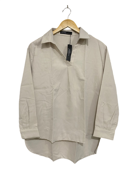 ZANZEA |S| BUST 20| A28| NEUTRAL BEIGE V-NECK COLLARED HIGH-LOW BLOUSE