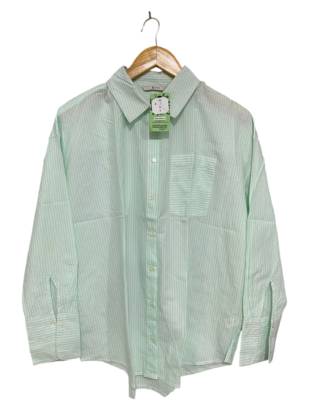 TU WOMAN |S| BUST 24| A28| MINT GREEN & WHITE STRIPED OVERSIZED BUTTON-DOWN SHIRT