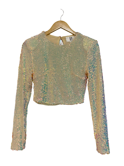 FOREVER UNIQUE |XS| BUST 15| A28| IRIDESCENT HOLOGRAPHIC SEQUIN LONG-SLEEVE CROP TOP
