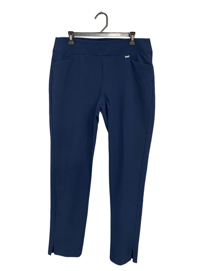 |L| WAIST 34| A28| NAVY BLUE PULL-ON SLIT-HEM STRETCH TROUSERS / ANKLE PANTS