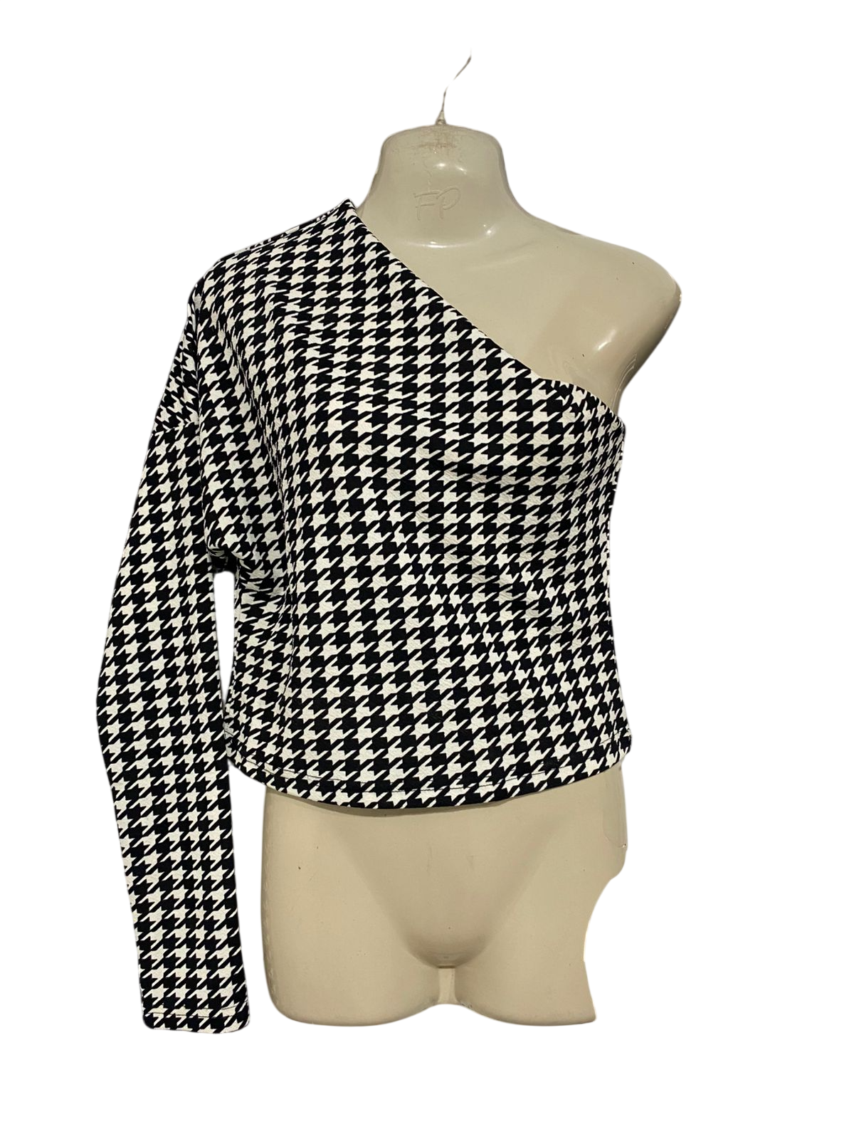 |M| BUST 17| A28| BLACK & WHITE HOUNDSTOOTH ONE-SHOULDER LONG-SLEEVE CROP TOP