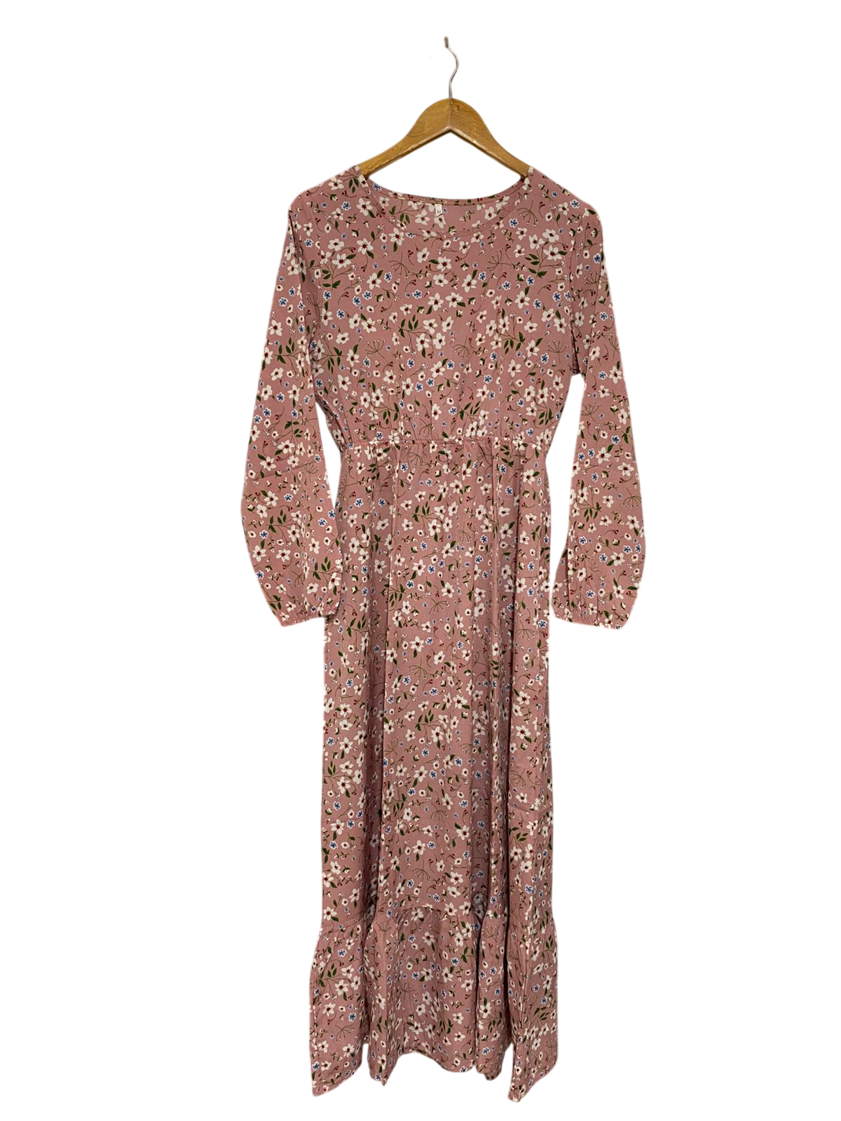 |M| BUST 17| A28| DUSTY PINK FLORAL PRINT LONG-SLEEVE RUFFLE-HEM MIDI / MAXI DRESS