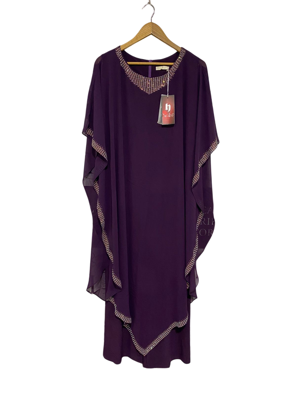 HESBA |M| BUST 18| A28| ELEGANT DEEP PLUM PURPLE RHINESTONE-TRIM CAFTAN / MAXI DRESS