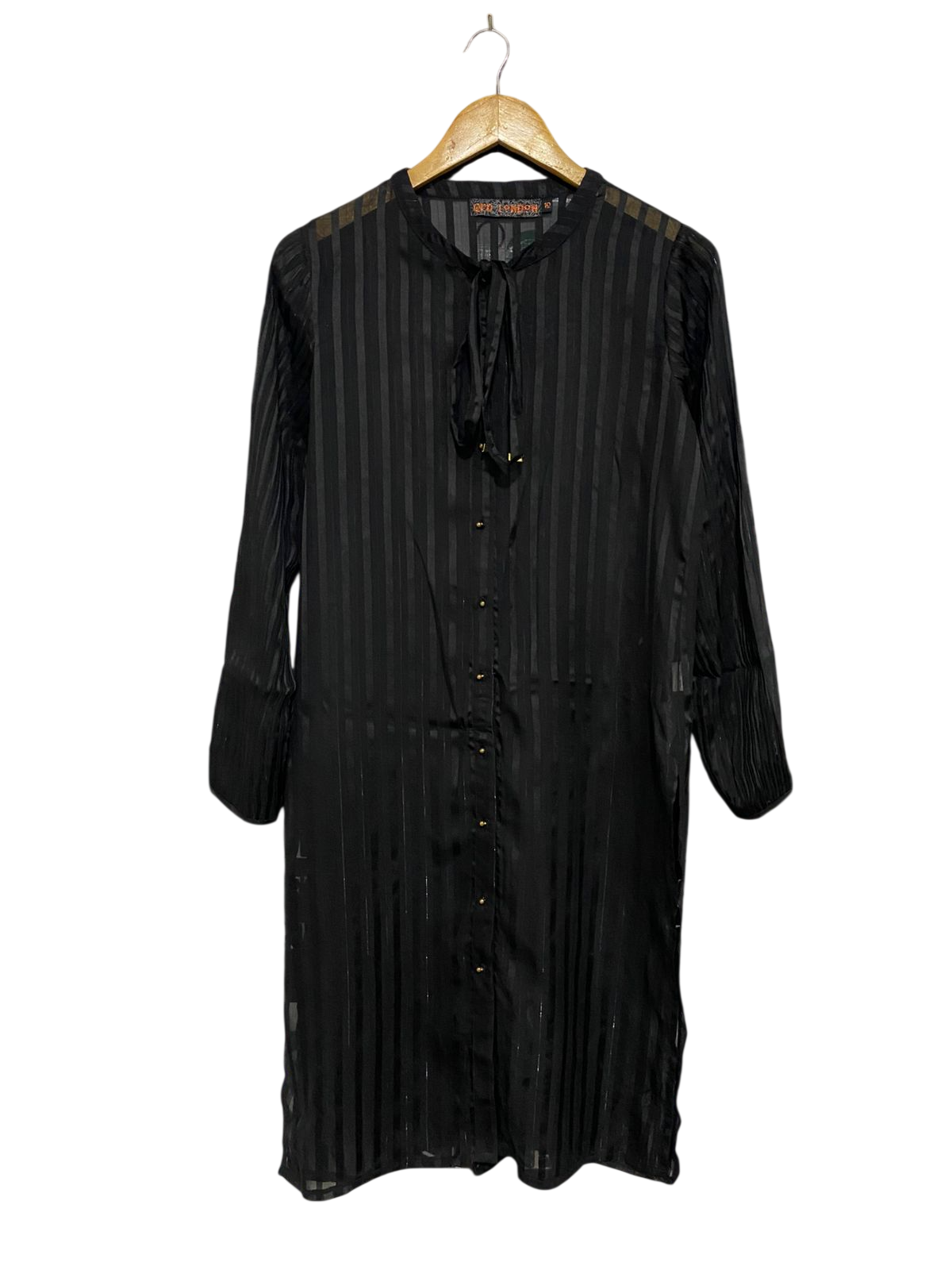 QED LONDON |M| BUST 18| A28| BLACK STRIPED TIE-NECK BUTTON-FRONT MIDI SHIRT DRESS / TUNIC