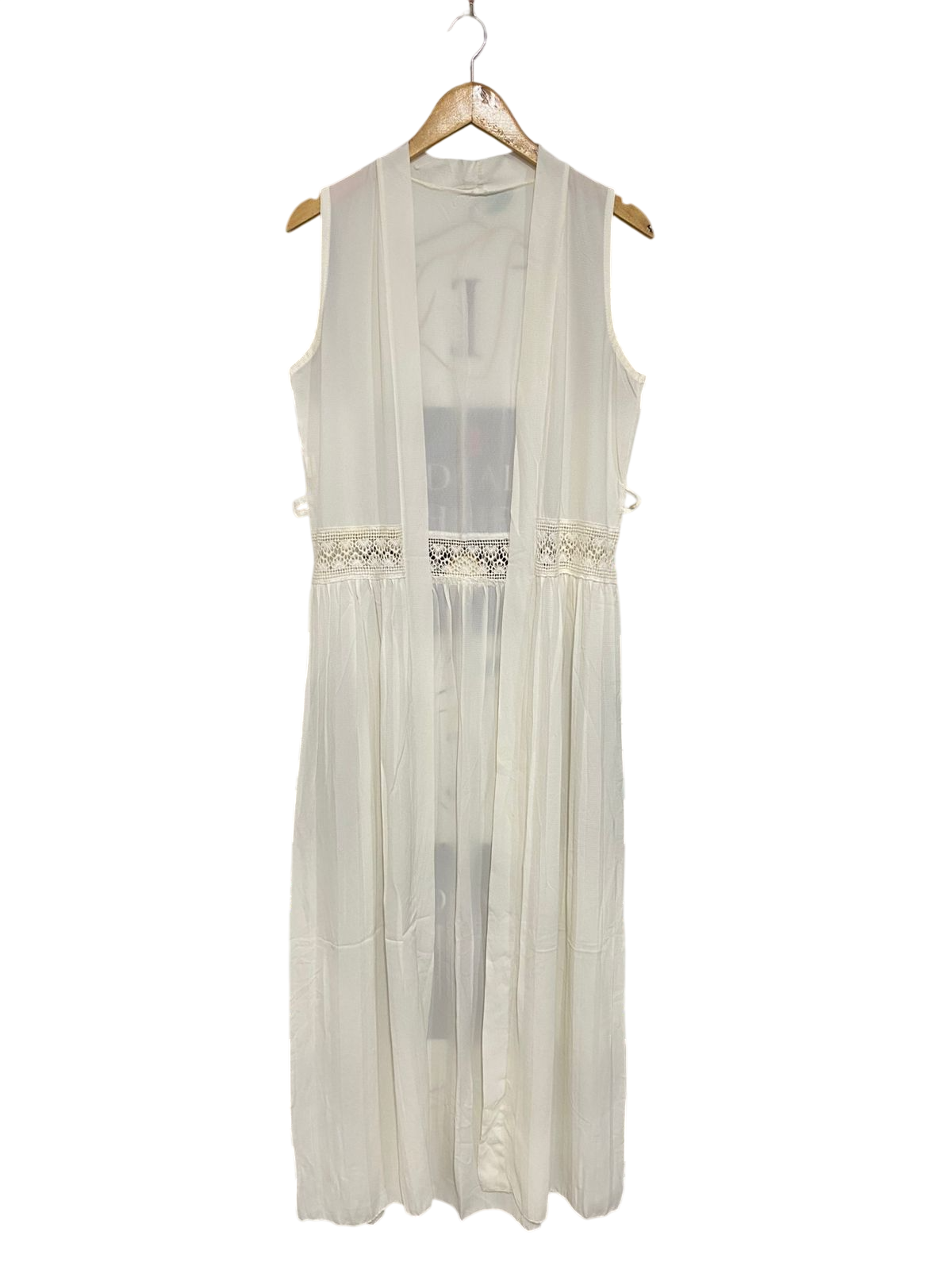 |L| BUST 19| A28| CREAM SHEER LACE-TRIM SLEEVELESS LONG CARDIGAN / KIMONO