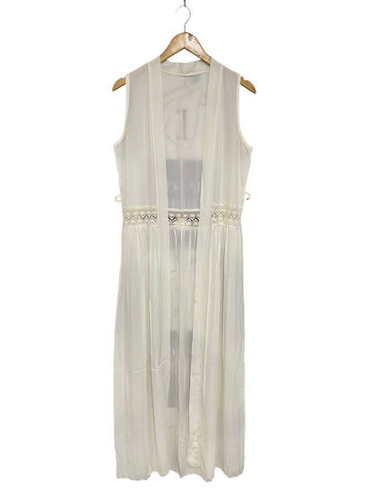 |L| BUST 19| A28| CREAM SHEER LACE-TRIM SLEEVELESS LONG CARDIGAN / KIMONO