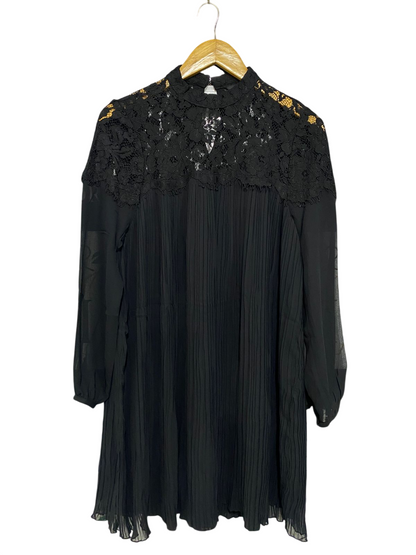 V BY VERY |L| BUST 19| A28| ELEGANT BLACK LACE-YOKE PLEATED LONG-SLEEVE MINI DRESS