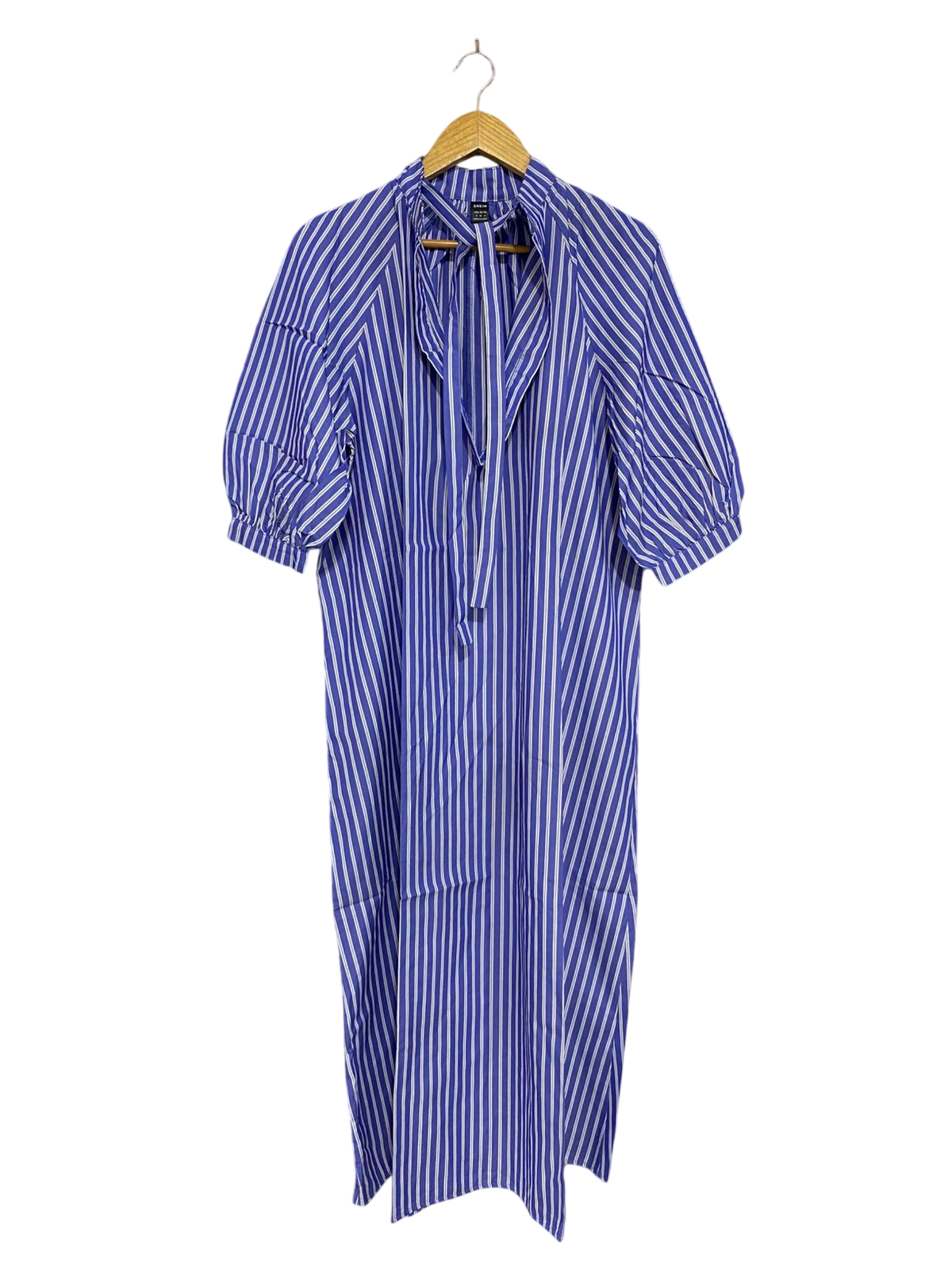 SHEIN |S| BUST 22| A28| BLUE & WHITE STRIPED TIE-NECK PUFF-SLEEVE MIDI / MAXI DRESS