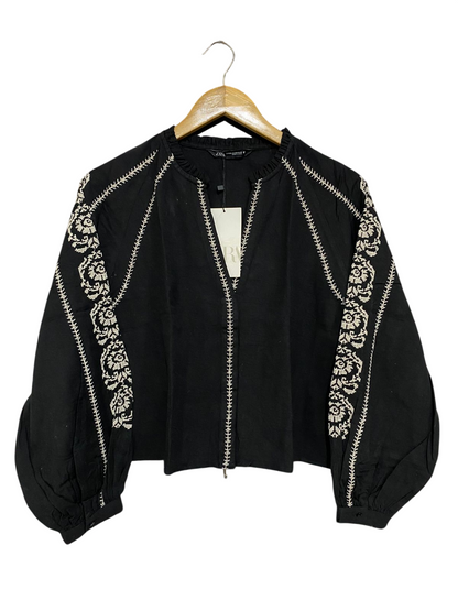 ZARA |XS| BUST 19| A28| BLACK & WHITE EMBROIDERED BOHO LONG-SLEEVE BLOUSE