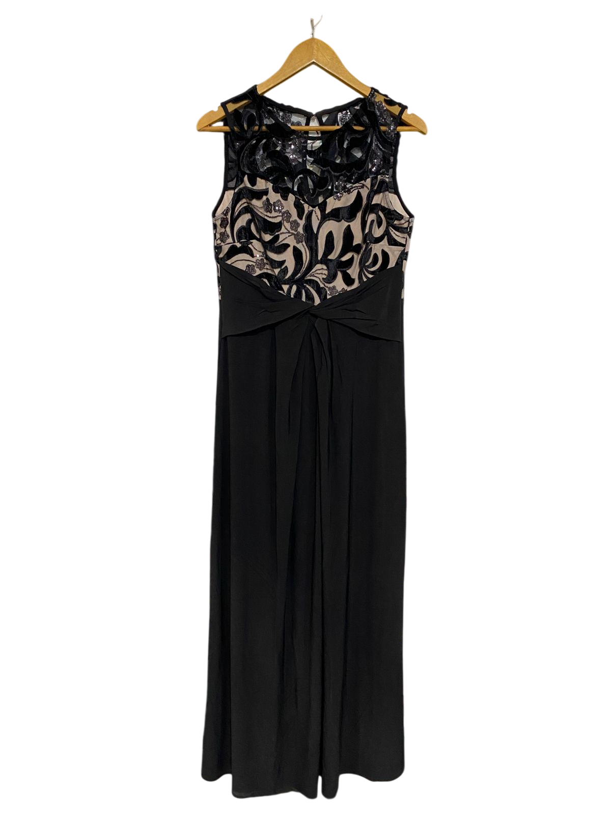 M&CO |M| BUST 17| A28| ELEGANT BLACK & NUDE LACE-ACCENT SLEEVELESS FORMAL MAXI DRESS