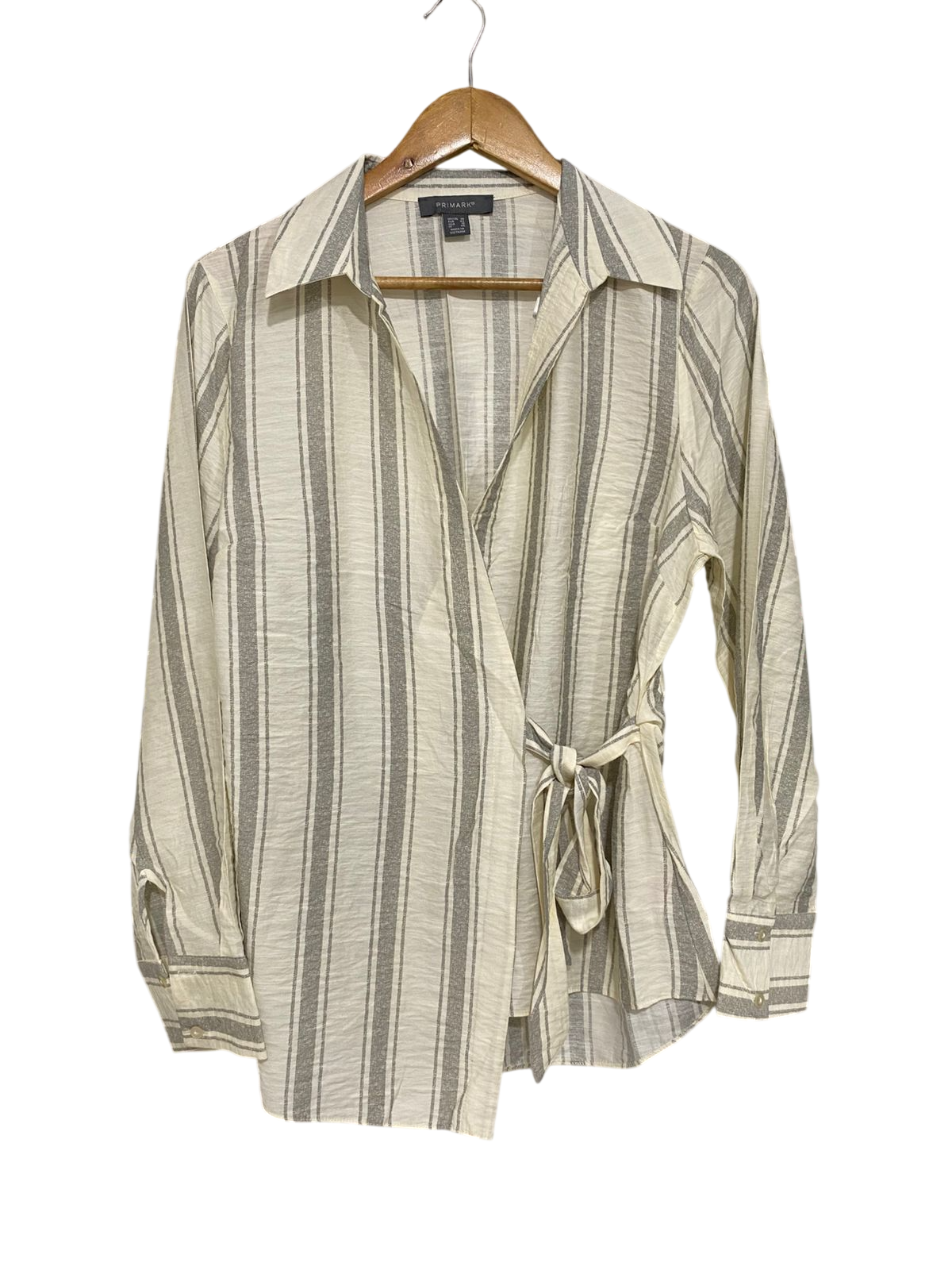 PRIMARK |L| BUST 19| A28| GREY & CREAM STRIPED WRAP-FRONT LONG-SLEEVE SHIRT