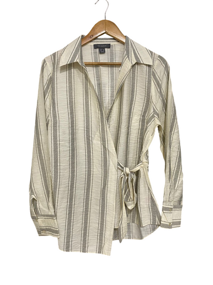 PRIMARK |L| BUST 19| A28| GREY & CREAM STRIPED WRAP-FRONT LONG-SLEEVE SHIRT