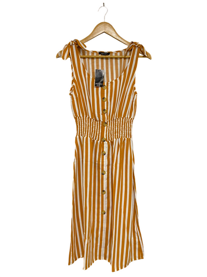 ESMARA |S| BUST 15| A28| MUSTARD YELLOW & WHITE STRIPED TIE-STRAP BUTTON-FRONT MIDI DRESS
