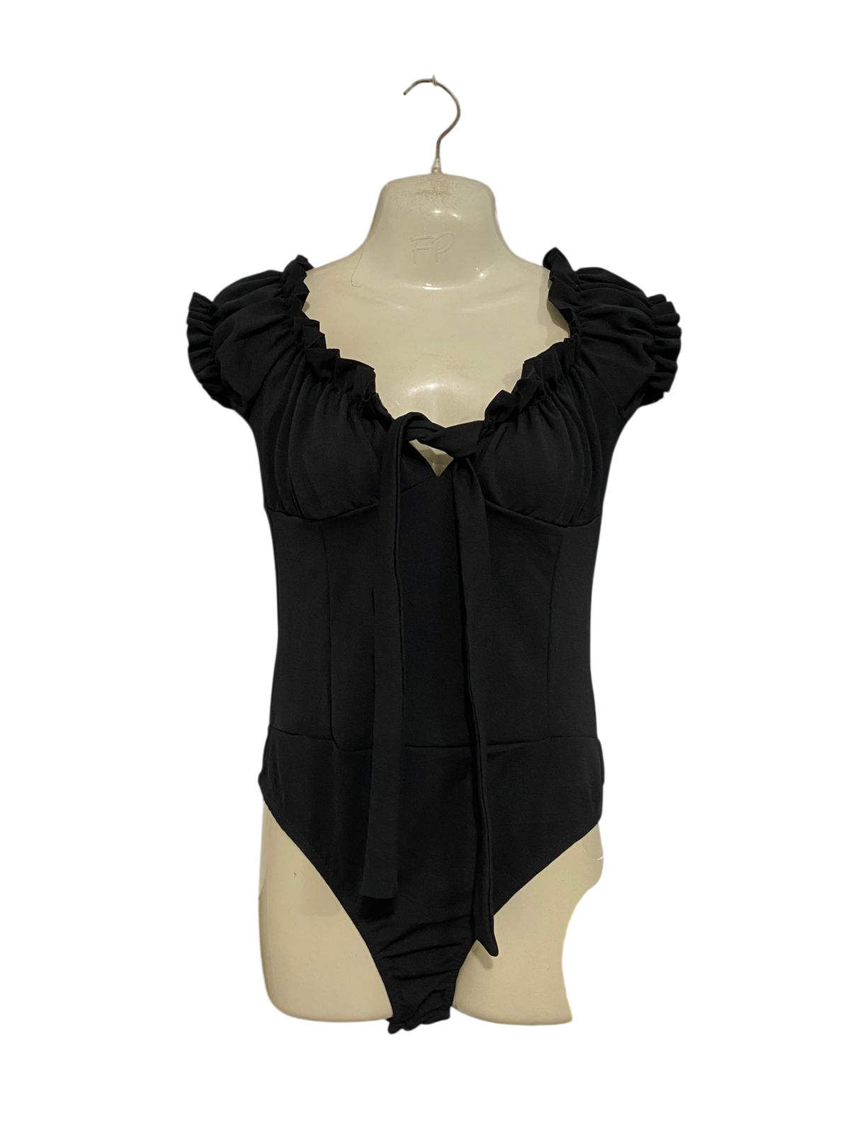 MISSGUIDED |S| BUST 15| A28| BLACK RUFFLED SWEETHEART NECKLINE TIE-FRONT SHORT-SLEEVE BODYSUIT